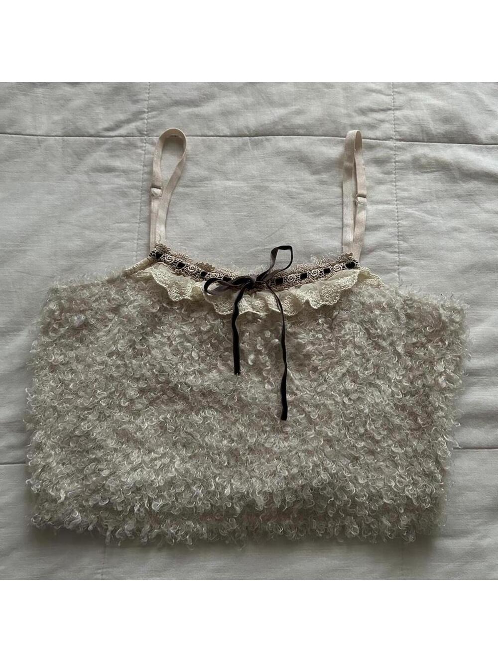 Axes Femme cream curly faux fur lace detail cropped cami top with ribbon ties